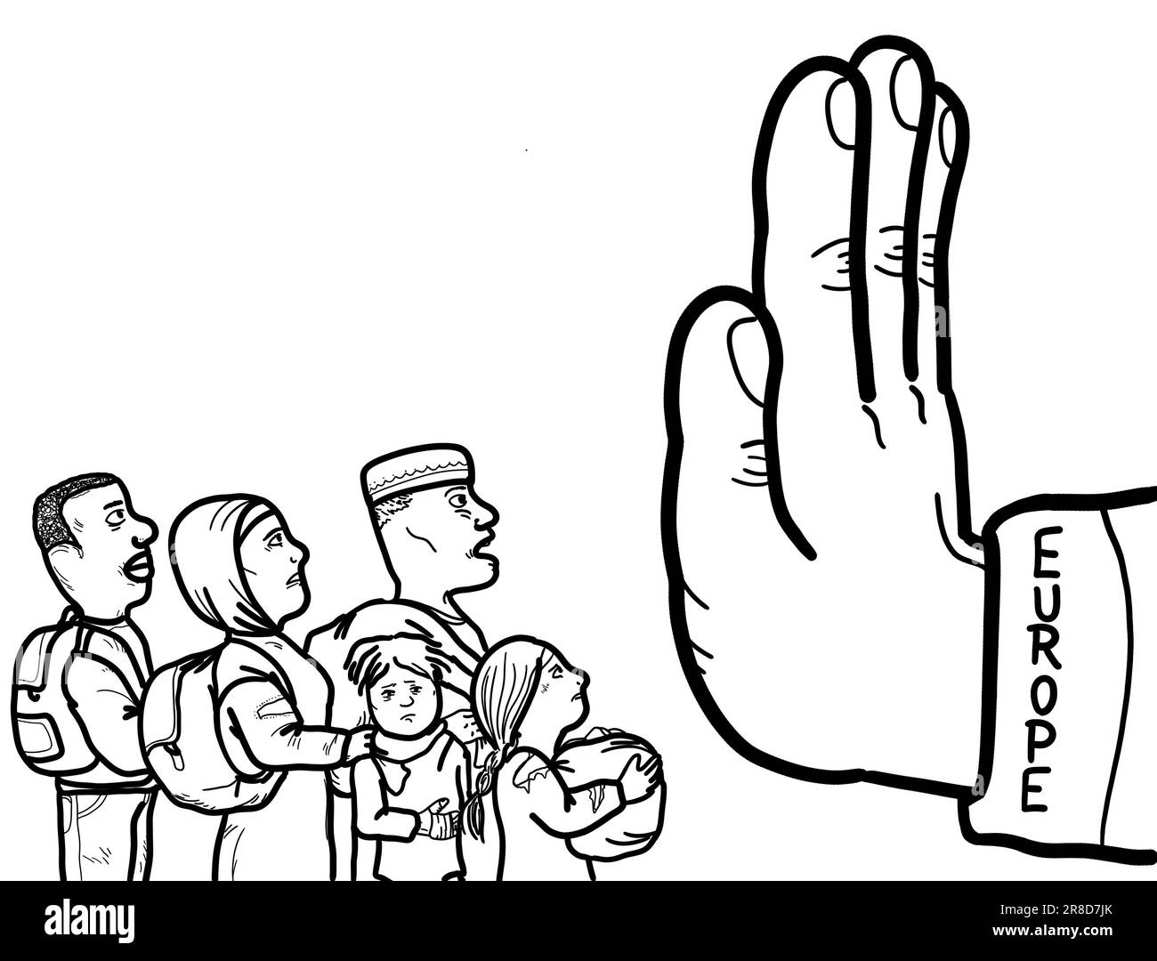 Eine Hand symbolisiert die Verhinderung der illegalen Einwanderung, der Einreise von Flüchtlingen und Asylbewerbern in das Land. Stockfoto