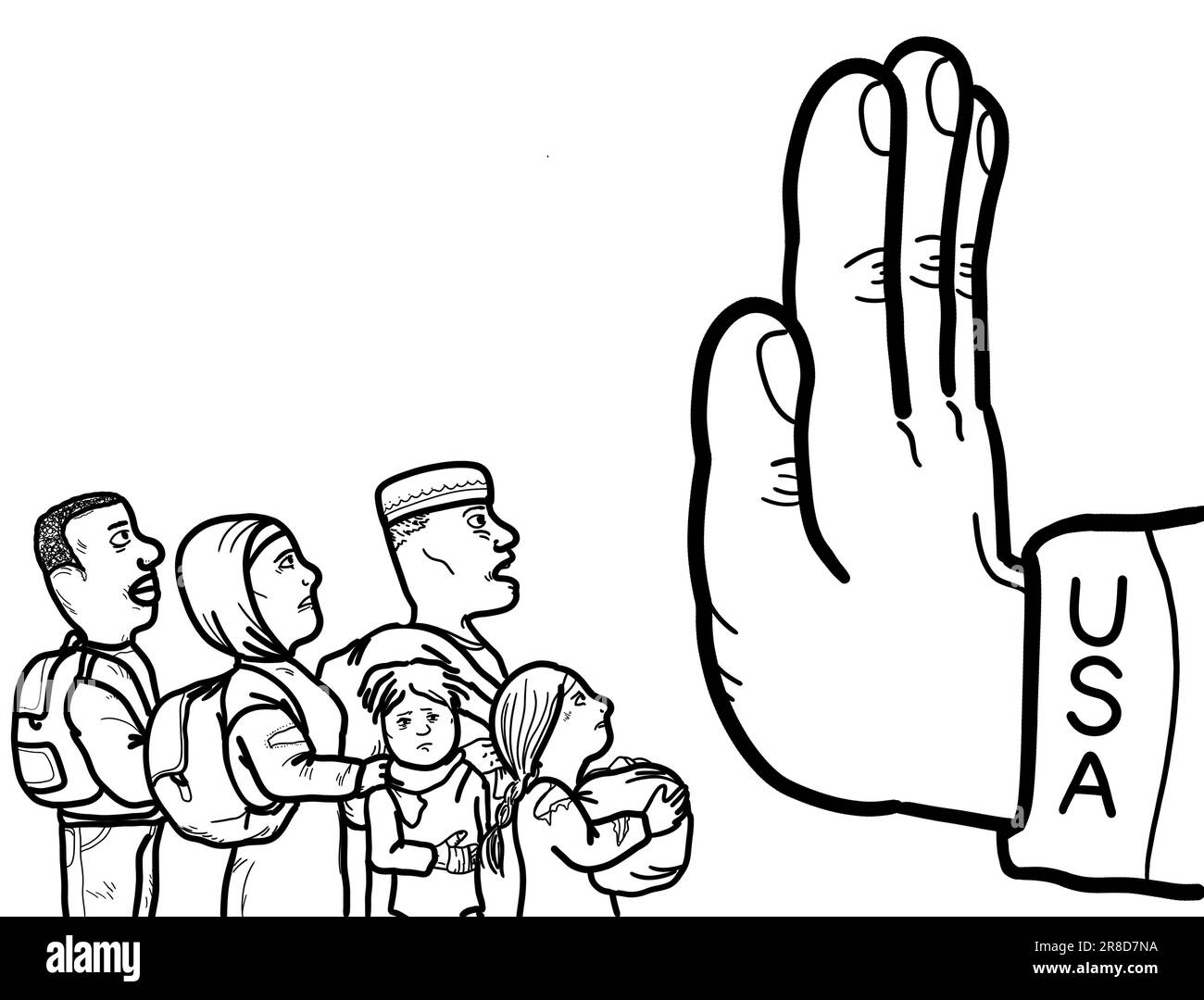 Eine Hand symbolisiert die Verhinderung der illegalen Einwanderung, der Einreise von Flüchtlingen und Asylbewerbern in das Land. Stockfoto