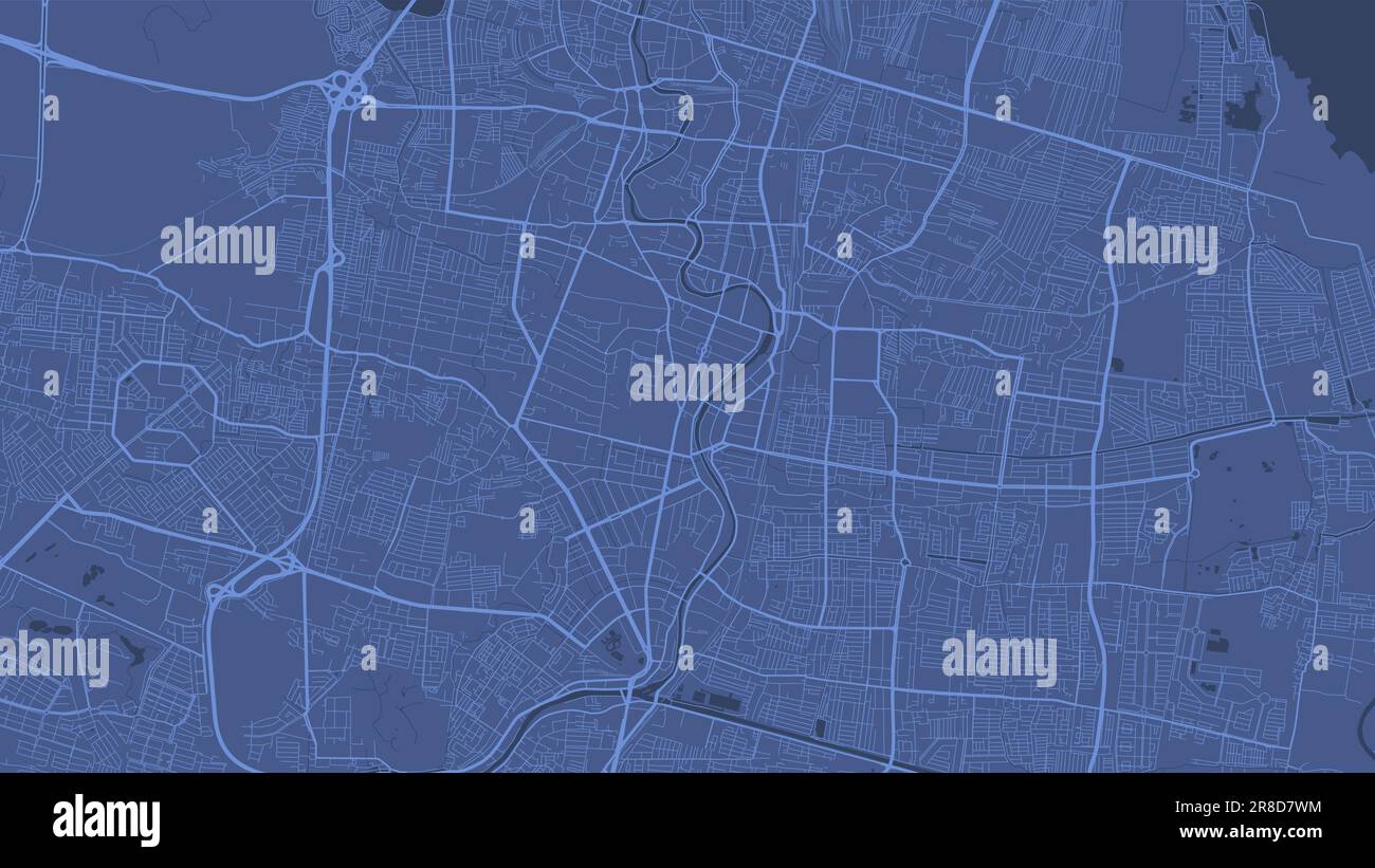 Hintergrund: Surabaya-Karte, Indonesien, blaues Stadtposter. Vektorkarte mit Straßen und Wasser. Breitbildformat, Roadmap für digitales Flachdesign. Stock Vektor