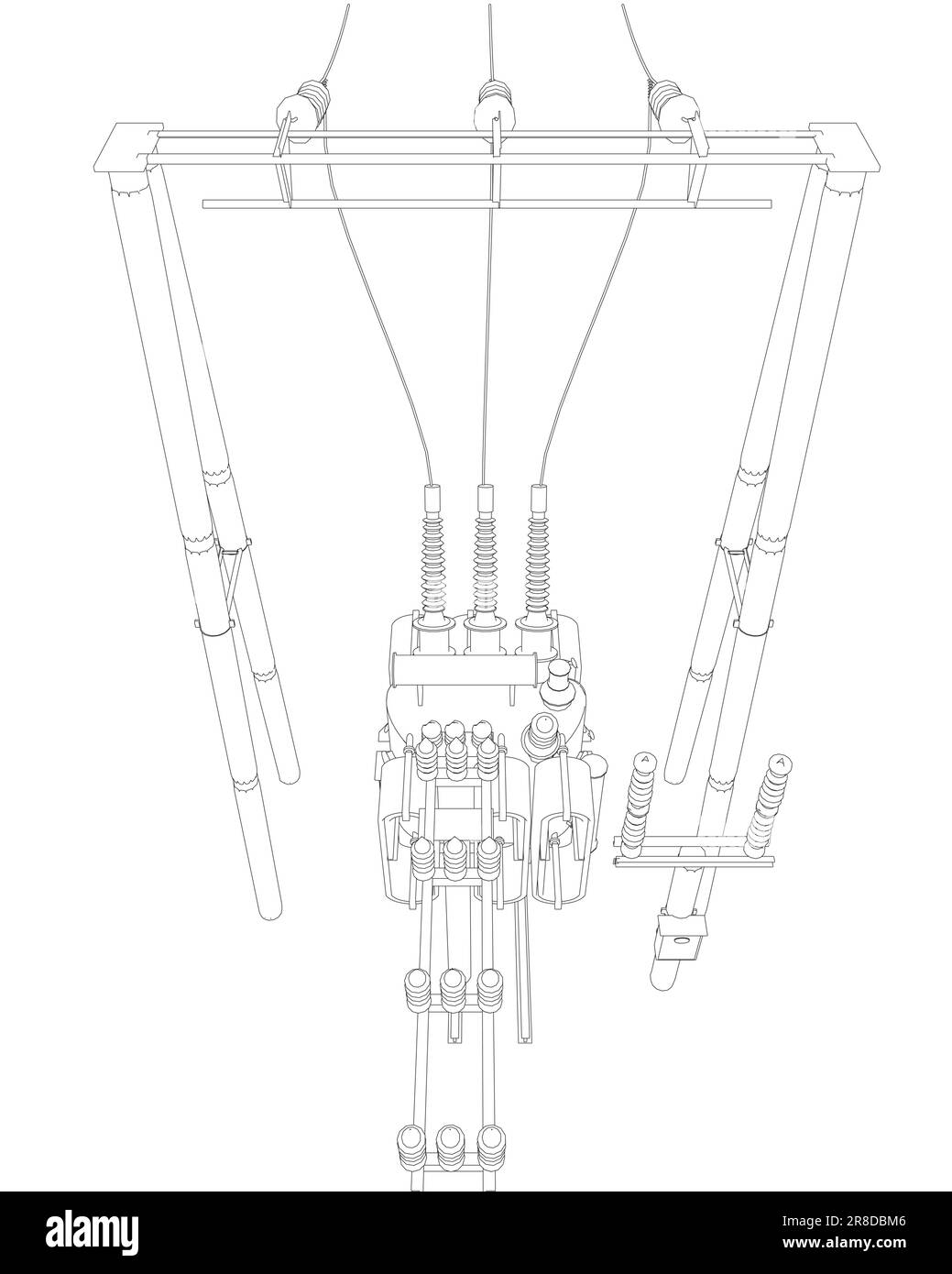 Umriss der Umspannstation des elektrischen Transformators Stromnetz-Umspannwerk – Vektordarstellung. Elektrische Unterstation. Hochspannungstransformator und -Schalter. Stock Vektor