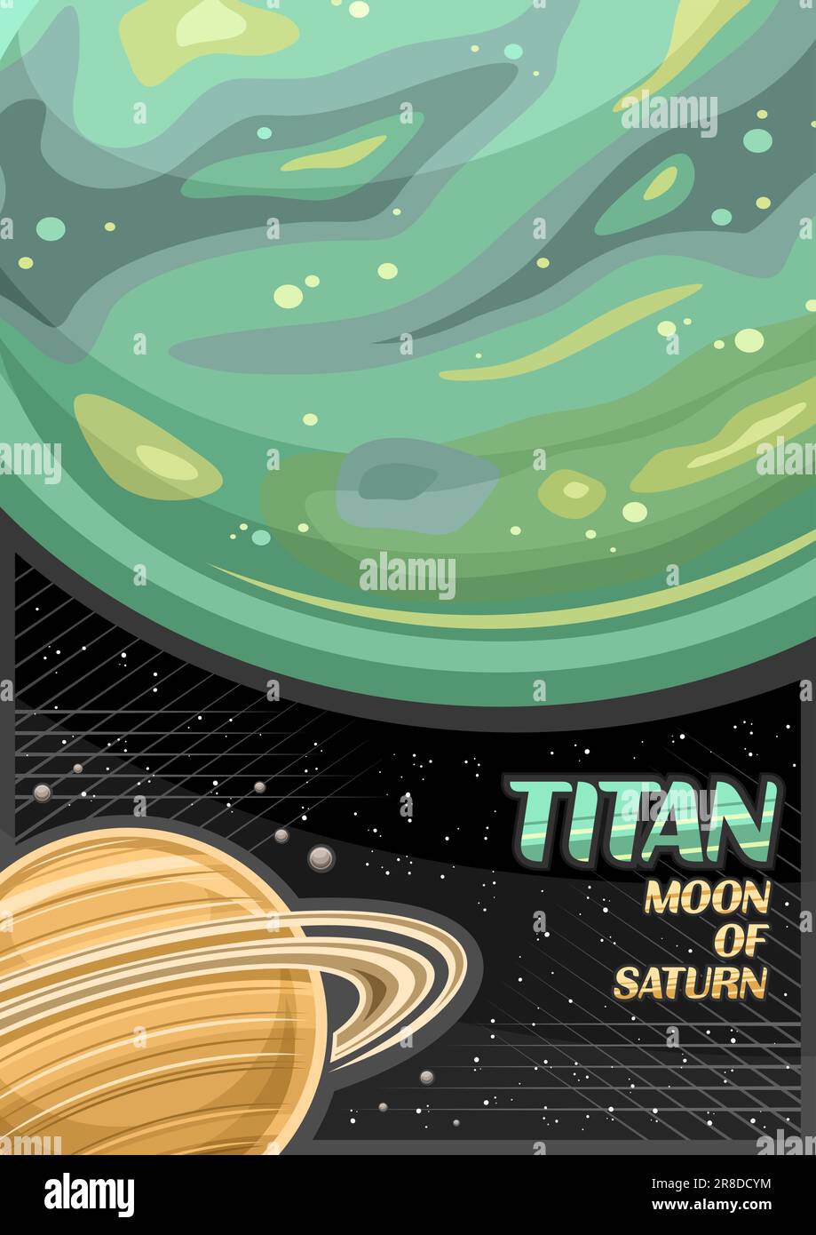 Vektorposter für Titan, vertikales Banner mit Abbildung eines rotierenden grünen mondtitans um den Planet des saturn auf dunklem Sternenhintergrund, A4 für Stock Vektor