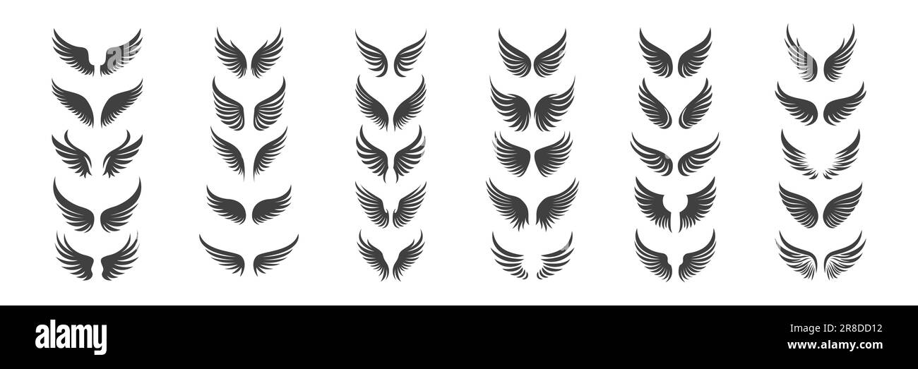 Vector Black and White Wing-Symbolgruppe. Engelsflügel-Silhouette, Symbole, Logo-Design-Vorlage, Clipart-Kollektion. Amor, Vogelflügel. Vektor Stock Vektor