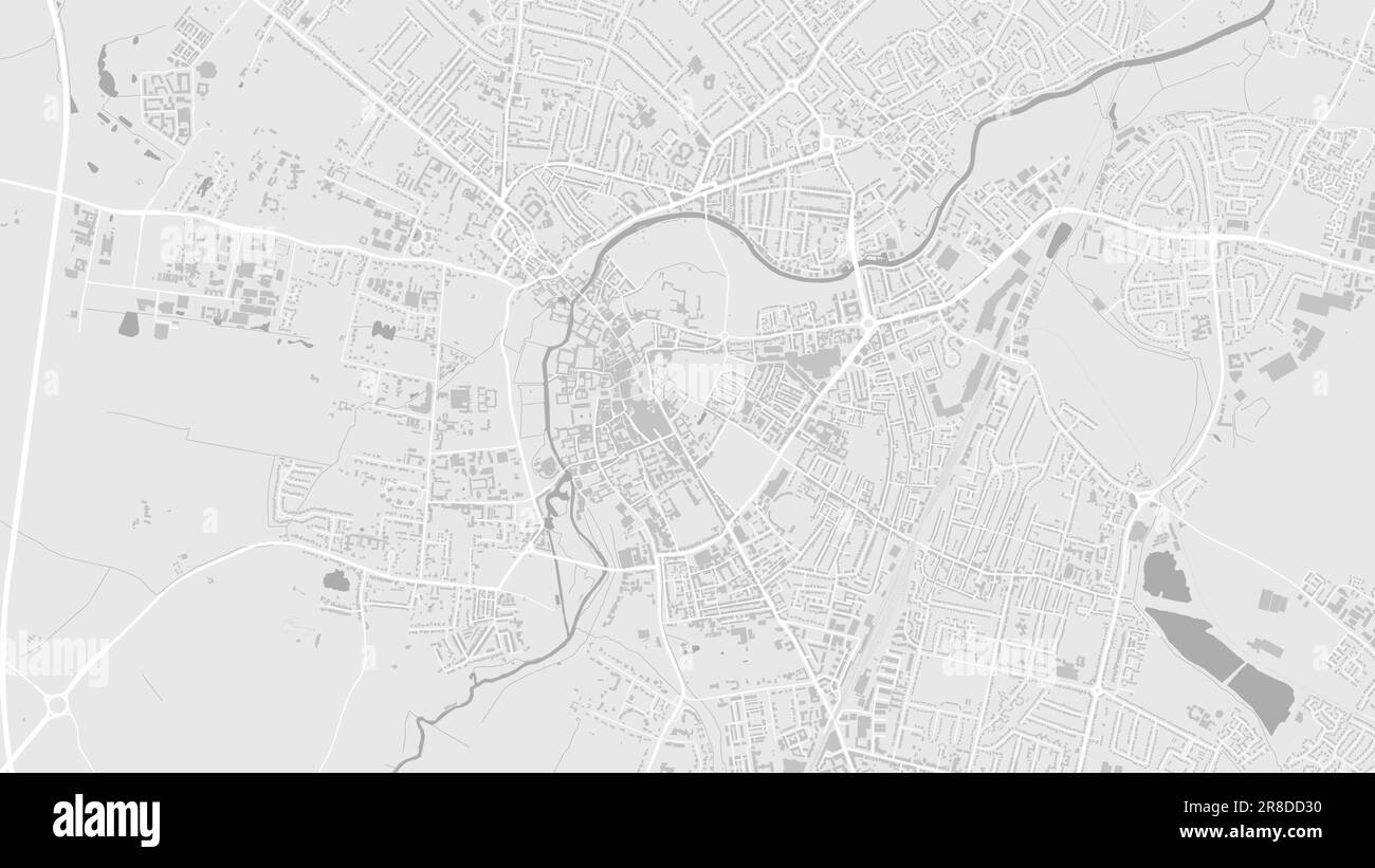Cambridge MAP, Großbritannien. Grau-weiße Hintergrundkarte mit Straßen und Eisenbahnen, Parks und Flüssen. Breitbildauflösung. Stock Vektor