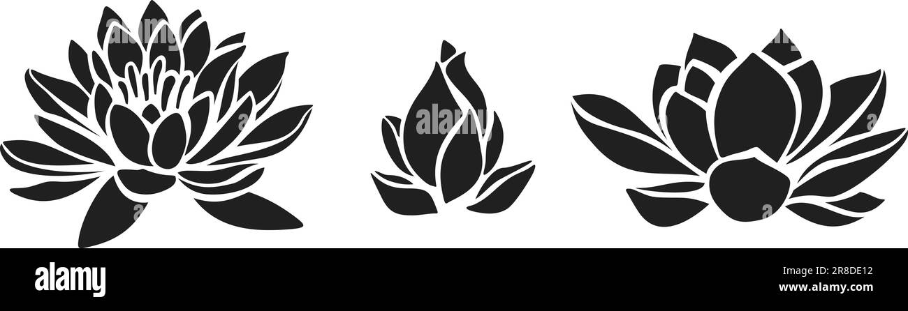 Lotusblumen. Schwarze Silhouetten von auf weißem Hintergrund isolierten Lotusmuscheln. Satz von Vektorabbildungen Stock Vektor