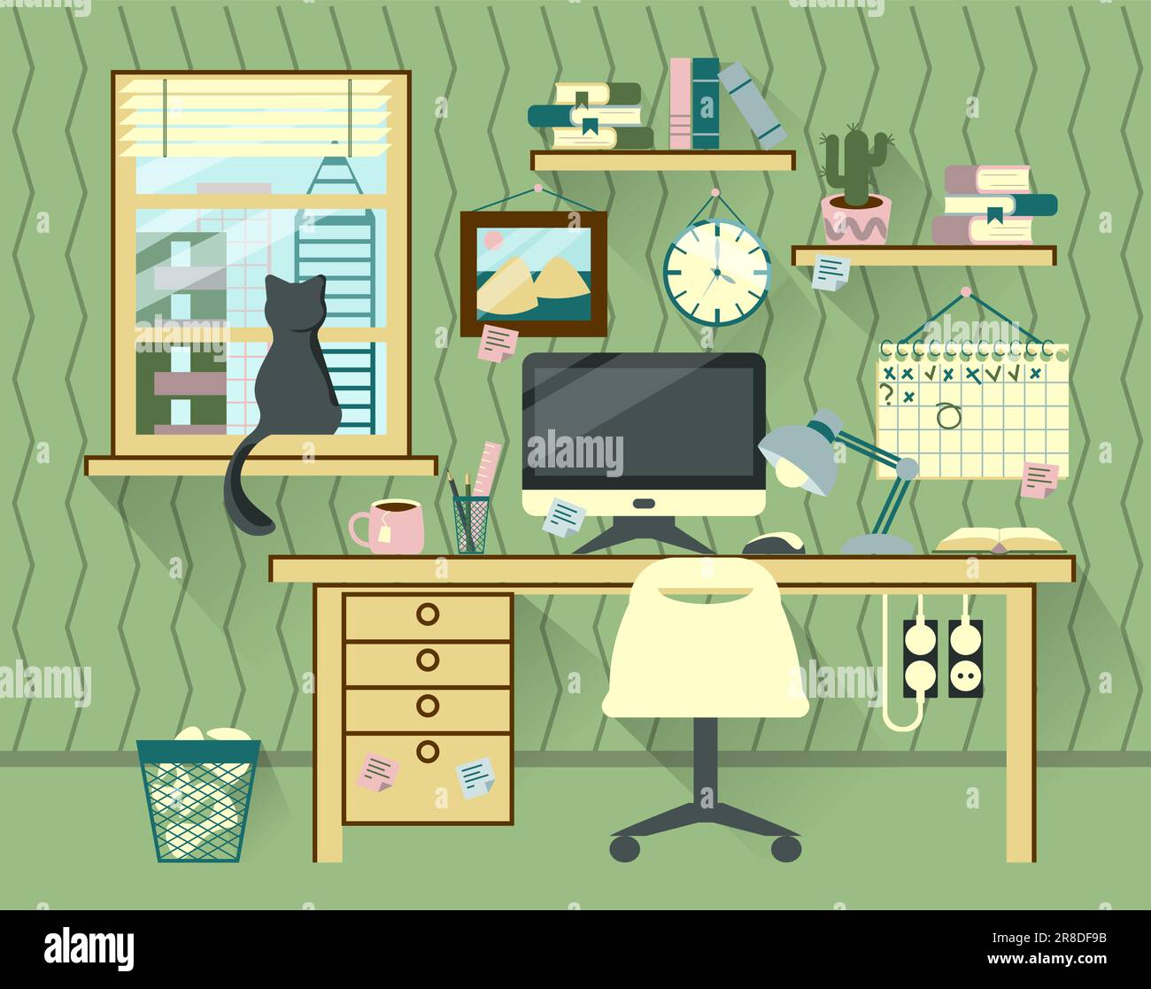 Der Arbeitsplatz des Managers im Haus- oder Bürobereich mit vielen Schreibwaren auf grünem Hintergrund Stock Vektor