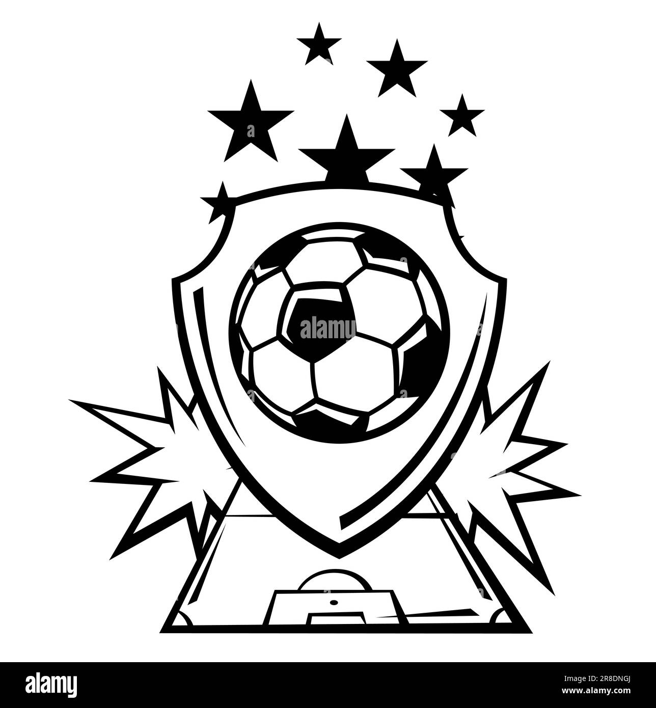 Emblem mit Fußballsymbolen. Football-Club-Label. Sportliche Illustration im Cartoon-Stil. Stock Vektor