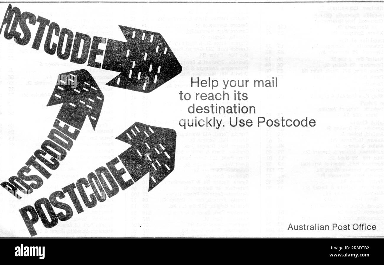 Eine 1968-Werbeanzeige der australischen Post, die heute als Australia Post bekannt ist, um Menschen, die Briefe schreiben und Pakete versenden, dazu zu ermutigen, eine Postleitzahl mit der Adresse anzugeben. Am 1. Juli des Vorjahres wurden in ganz Australien vierstellige Postleitzahlen eingeführt. Stockfoto