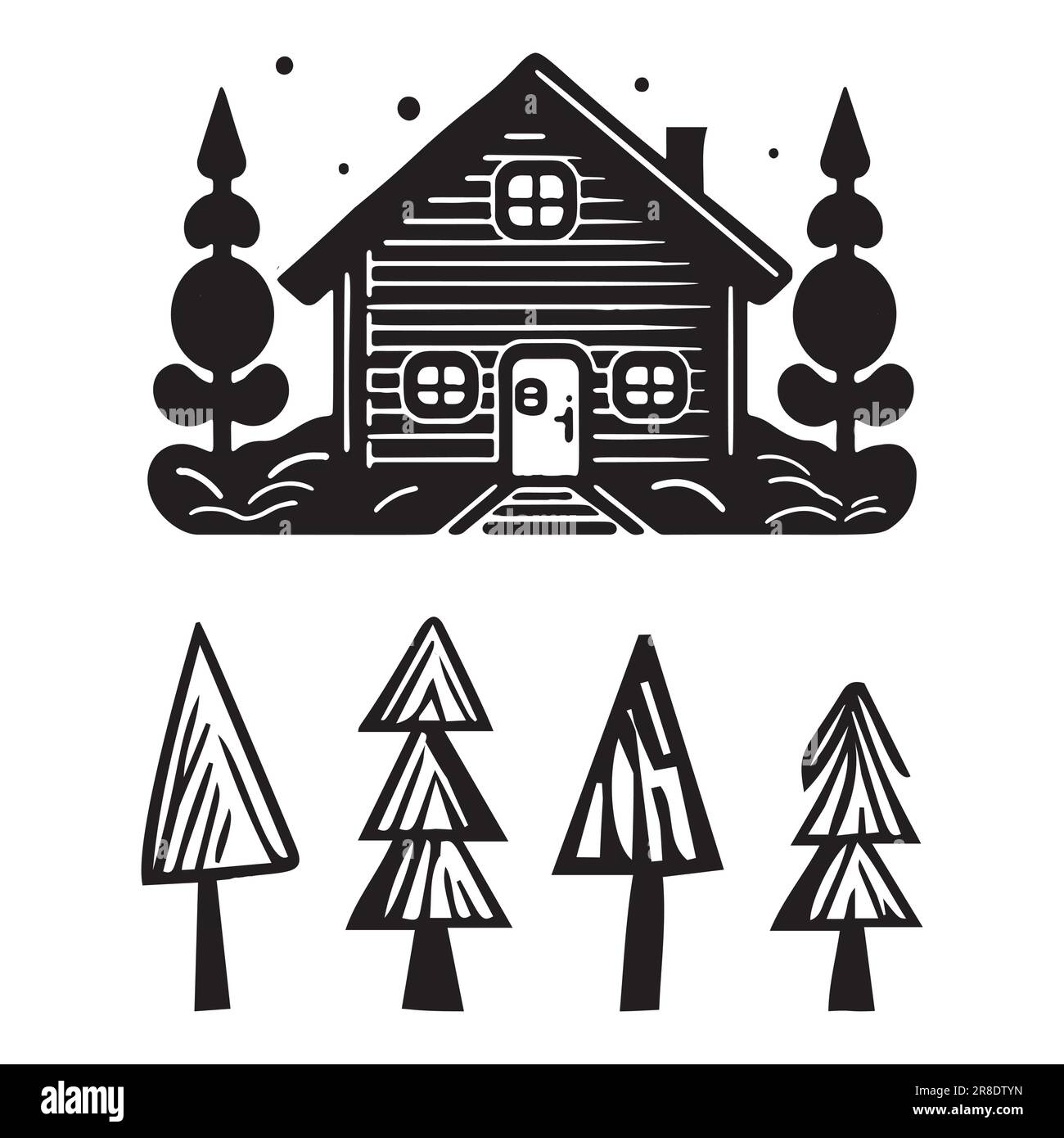 Eine Reihe von Vektordarstellungen für Holzhütten und Tannenbäume. Maskuline Outdoor-Reise im nordischen Linocut-Chalet in skandinavischer Urlaubsgruppe Stock Vektor