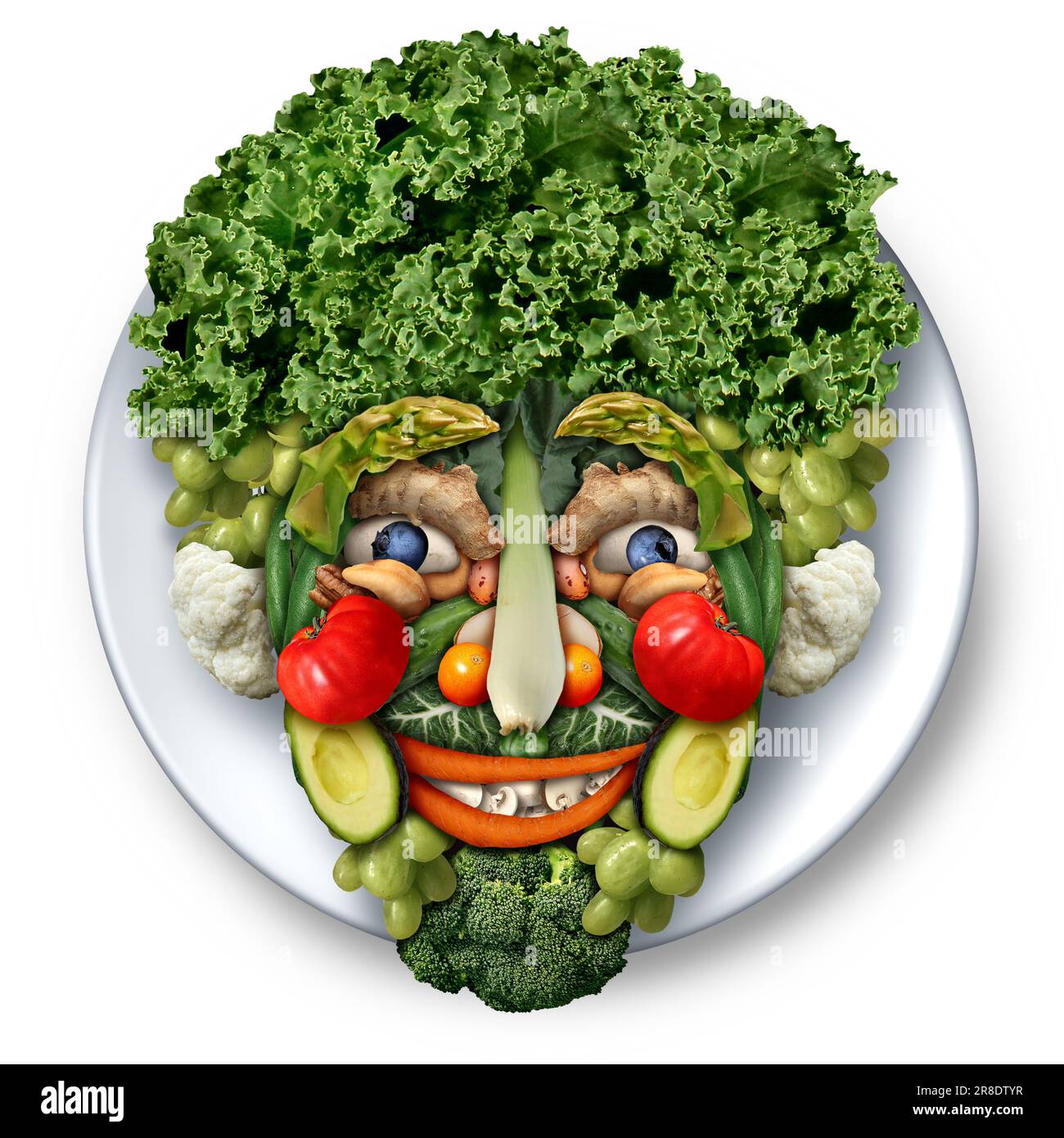 Food Sculpture Head als vegane oder vegetarische essbare Kunst oder kreative Essensskulpturen in Form eines Gesichts. Stockfoto