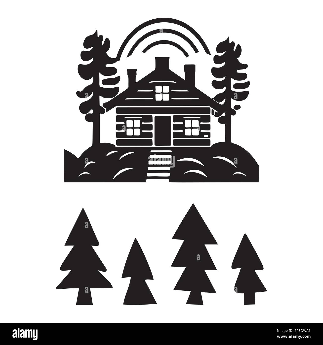 Eine Reihe von Vektordarstellungen für Holzhütten und Tannenbäume. Maskuline Outdoor-Reise im nordischen Linocut-Chalet in skandinavischer Urlaubsgruppe Stock Vektor