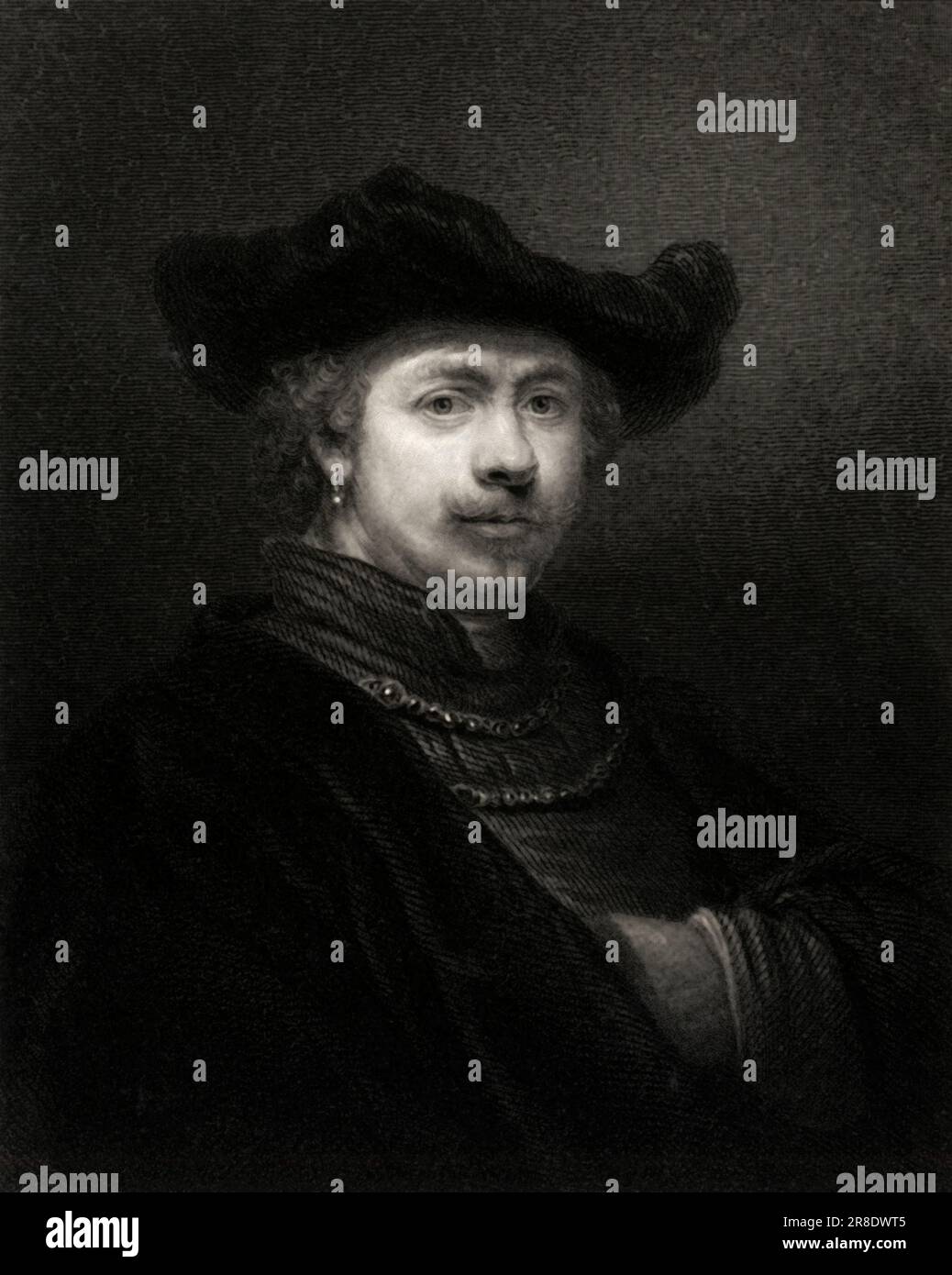 Niederlande, 1642 eine Gravur aus einem Selbstporträt des niederländischen Meisters Rembrandt. Stockfoto
