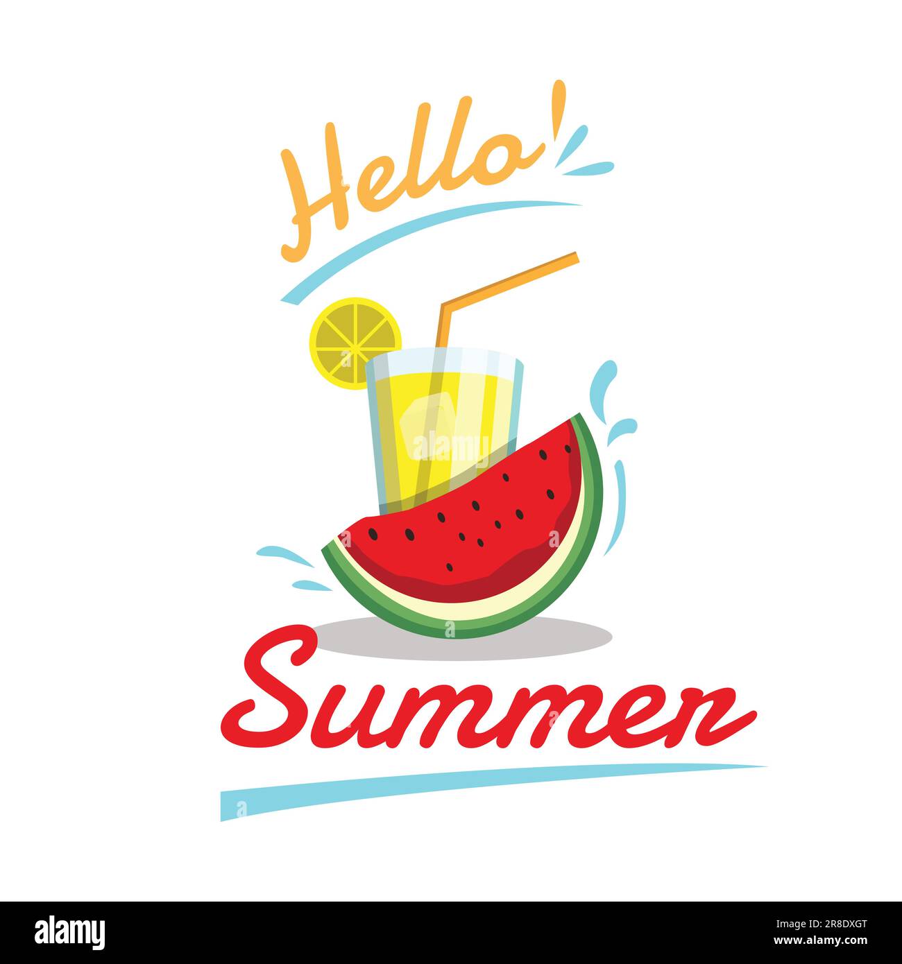 hallo Sommerurlaub mit Orangencocktail und Wassermelone gratis Vector. Hallo Sommer Text mit Fruchtgetränk und Wassermelone, Elemente für tropische Stock Vektor