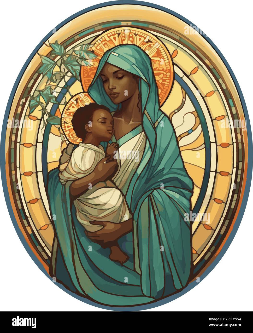 Buntglasfenster der afrikanischen Jungfrau Maria und des kleinen Jesus, Vektor Stock Vektor