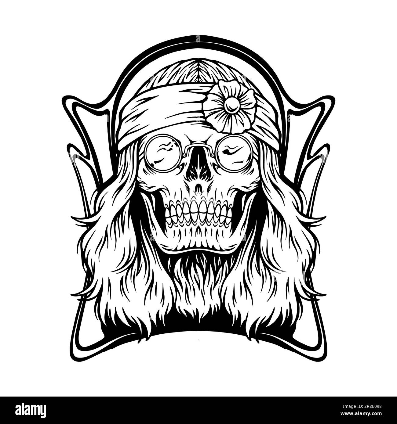 Hippie cool Totenkopf Blume Stirnband Logo Illustrationen einfarbige Vektorabbildungen für Ihr Arbeitslogo, Merchandise-T-Shirt, Aufkleber und Etikett Stockfoto