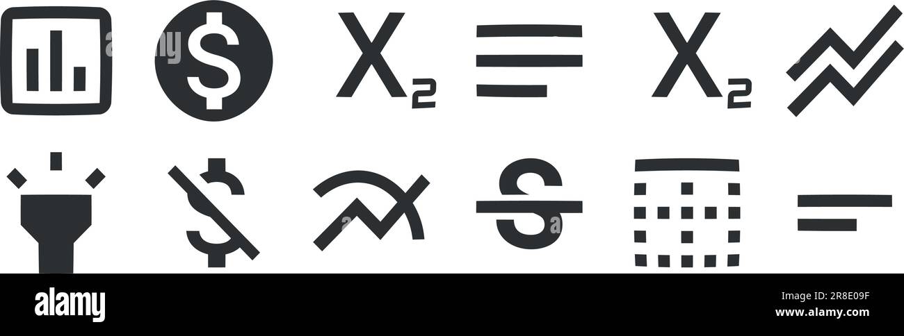 Editor für 12-Symbole. A festgelegte Vektorsymbole. Symbol "Qualität festlegen". Linearer Symbolsatz. Dünn gefüllte Symbolpakete. UI und UX Stock Vektor