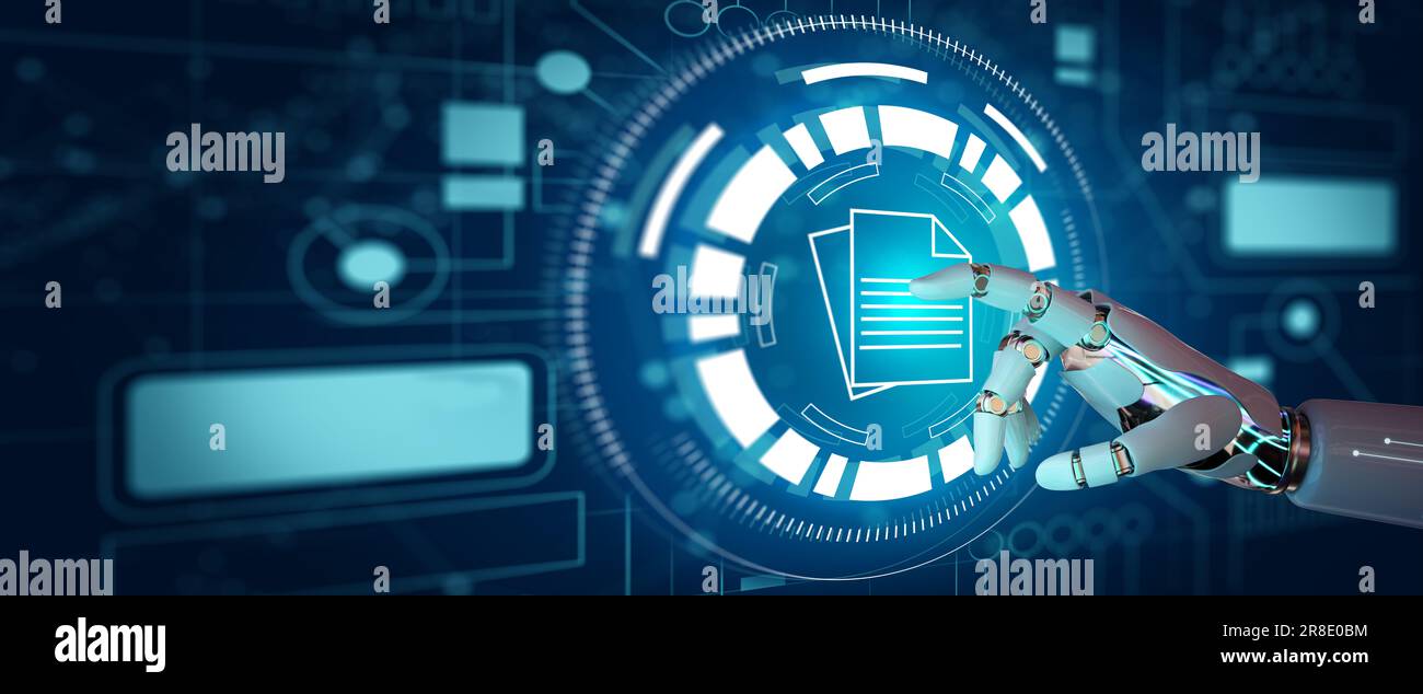 Dokumentenmanagementsystem (DMS). AI-Roboter Hand-on-Dokument-Internet-Daten-Hologramm mit technologieblauem Hintergrund. Business Online-Technologie mit Ai Stockfoto