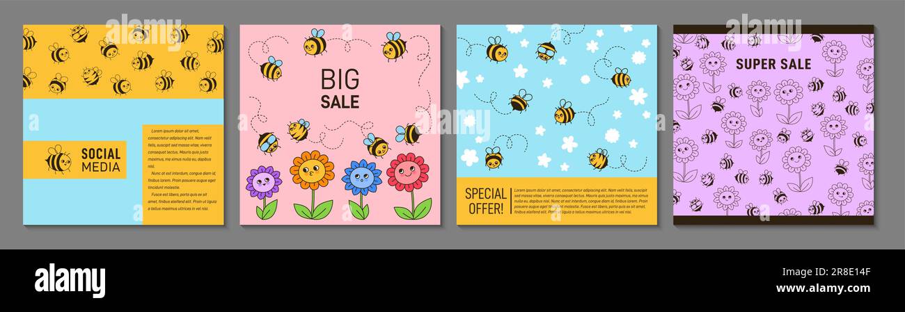 Trendiges Cover- oder quadratisches Kartenset mit Bienenhonigcharakteren und Blumen. Comics Honigbienen Insekten Maskottchen Figuren mit lustigen Gesichtern Muster Seite Flyer, Notizbuch, Social Media Katalogseite Hintergrund Stock Vektor