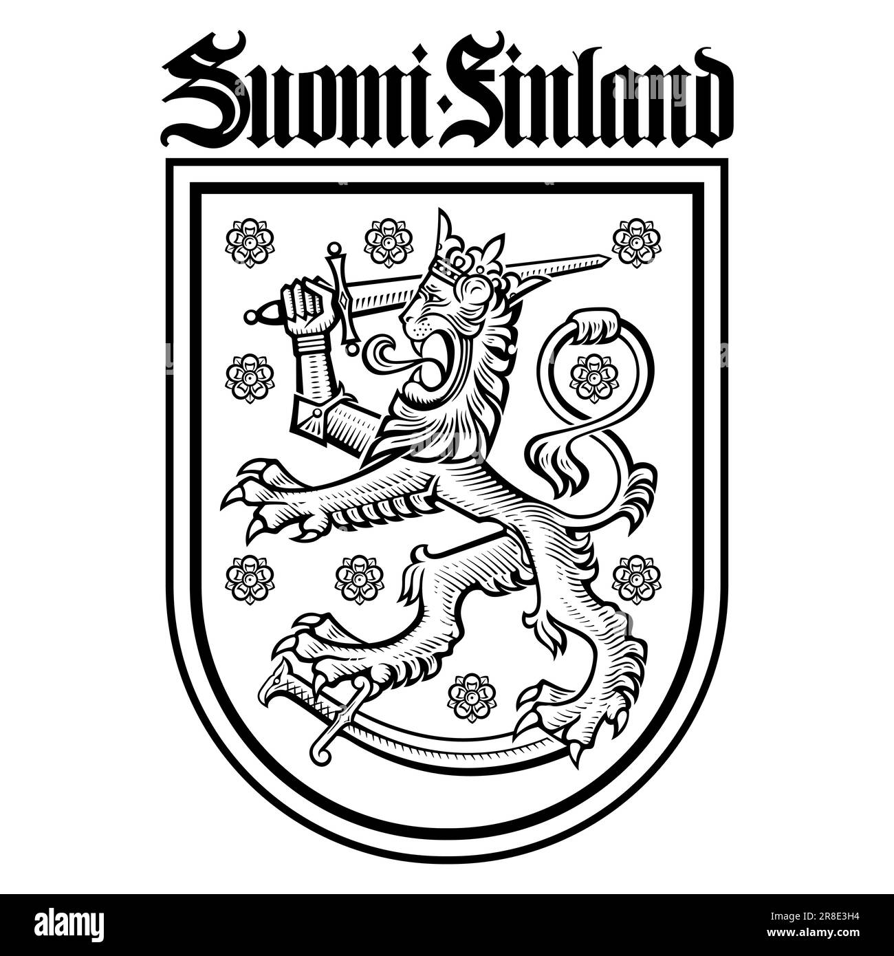Finnisches Wappen. Heraldischer Löwe und Wikingerschwert im Retro-Stil. Inschrift in gotischer Schrift Suomi Finland. Stock Vektor