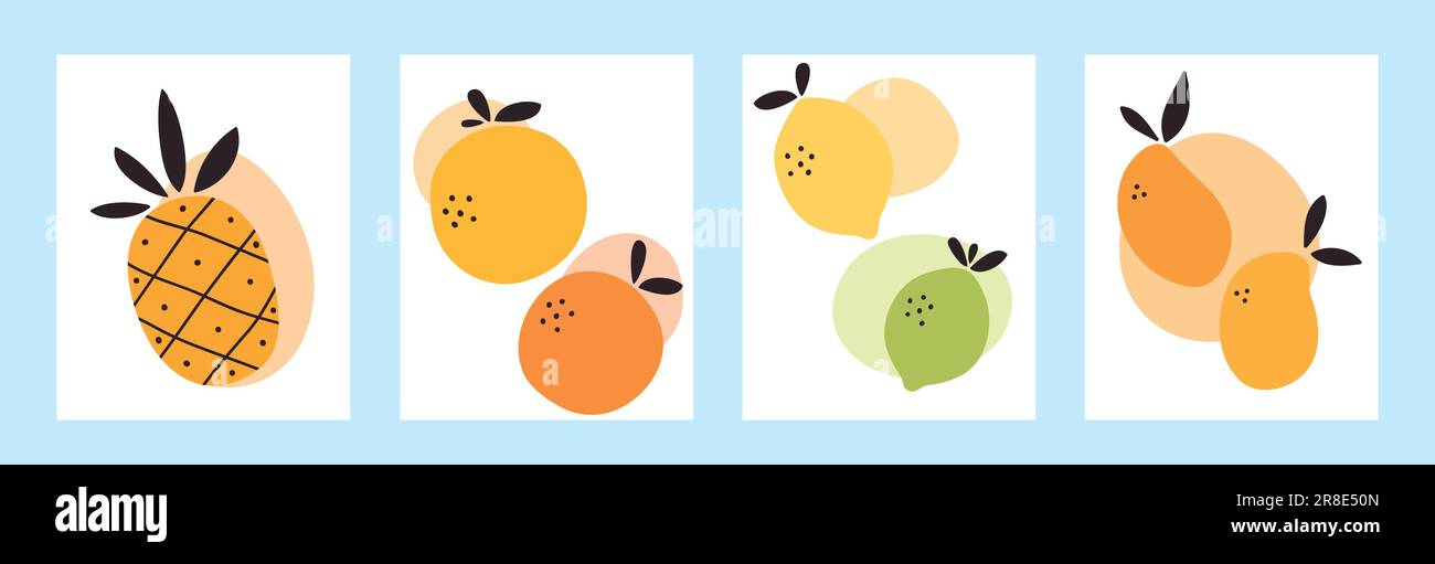 Abstraktes Poster mit tropischen Früchten. Sommerhintergrund mit Ananas, Grapefruit, Orange, Zitrone, Limette und Mango. Vektordarstellung. Stock Vektor