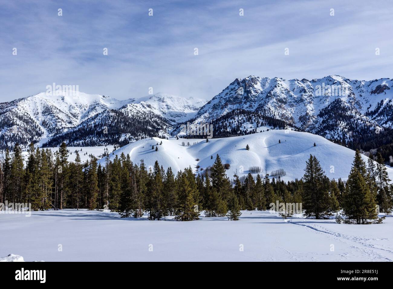 USA, Idaho, Sun Valley, schneebedeckte Berggipfel und Bäume Stockfoto