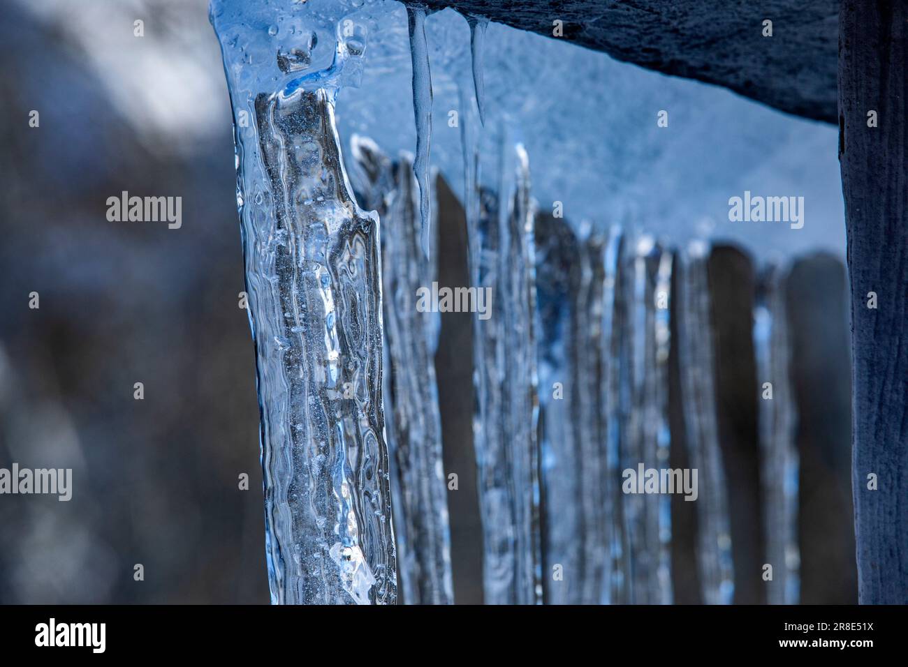 Nahaufnahme von Eiszapfen im Winter Stockfoto