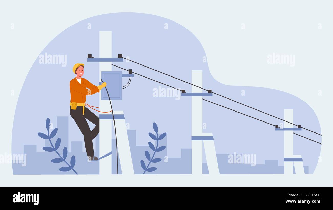 Elektriker. Lineman Klettern Strommasten Reparieren von Hochspannungsleitungen, Kabelreparateur fixiert Transformator auf elektrischen Postvektoren Illustra Stock Vektor