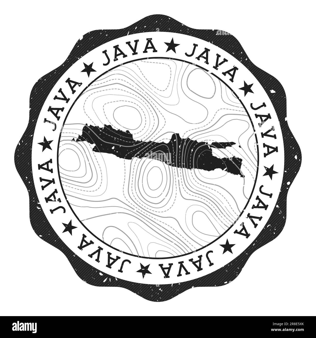 Java-Outdoorstempel. Runder Aufkleber mit Landkarte der Insel mit topographischen Isolinien. Vektorabbildung. Stock Vektor