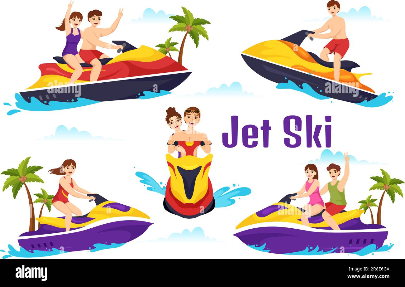 Leute fahren Jet Ski Vector Illustration Sommerferien Erholung, Extreme Wassersport und Resort Beach Aktivität in Hand Drawn Flat Cartoon Template Stock Vektor