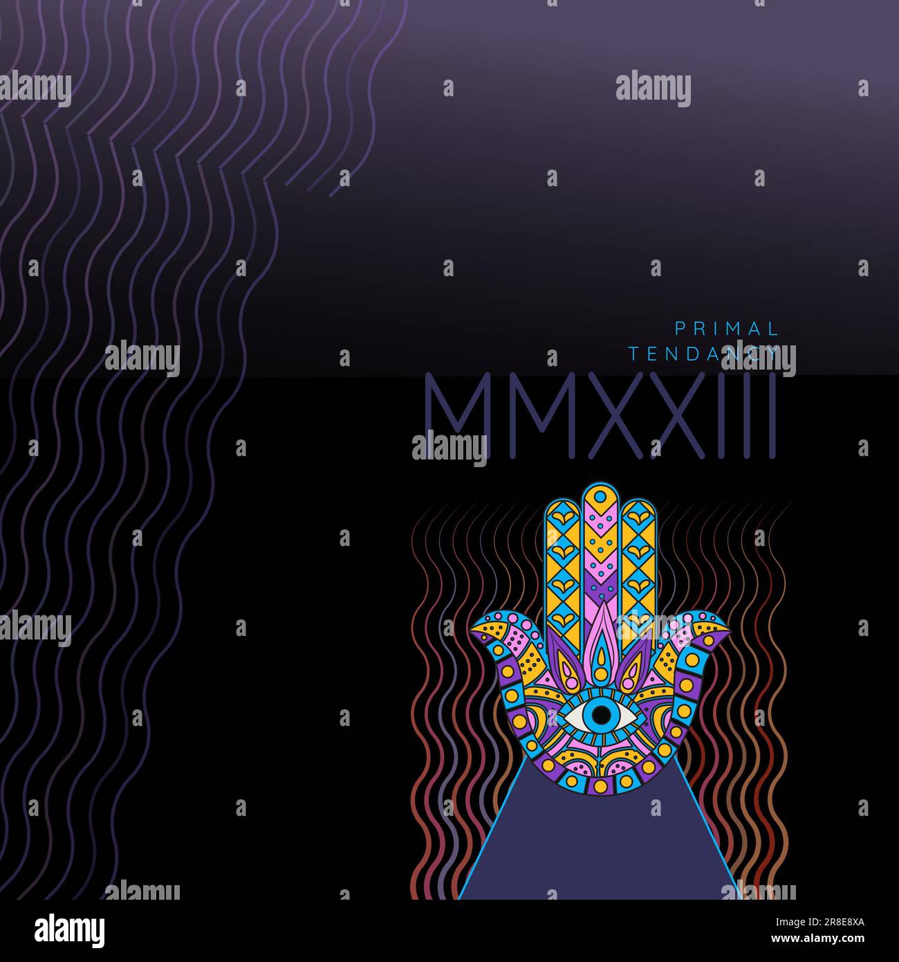 Darstellung der Urtendanz mmxxii mit Wellenmustern und Hand mit bunten Designs Stockfoto