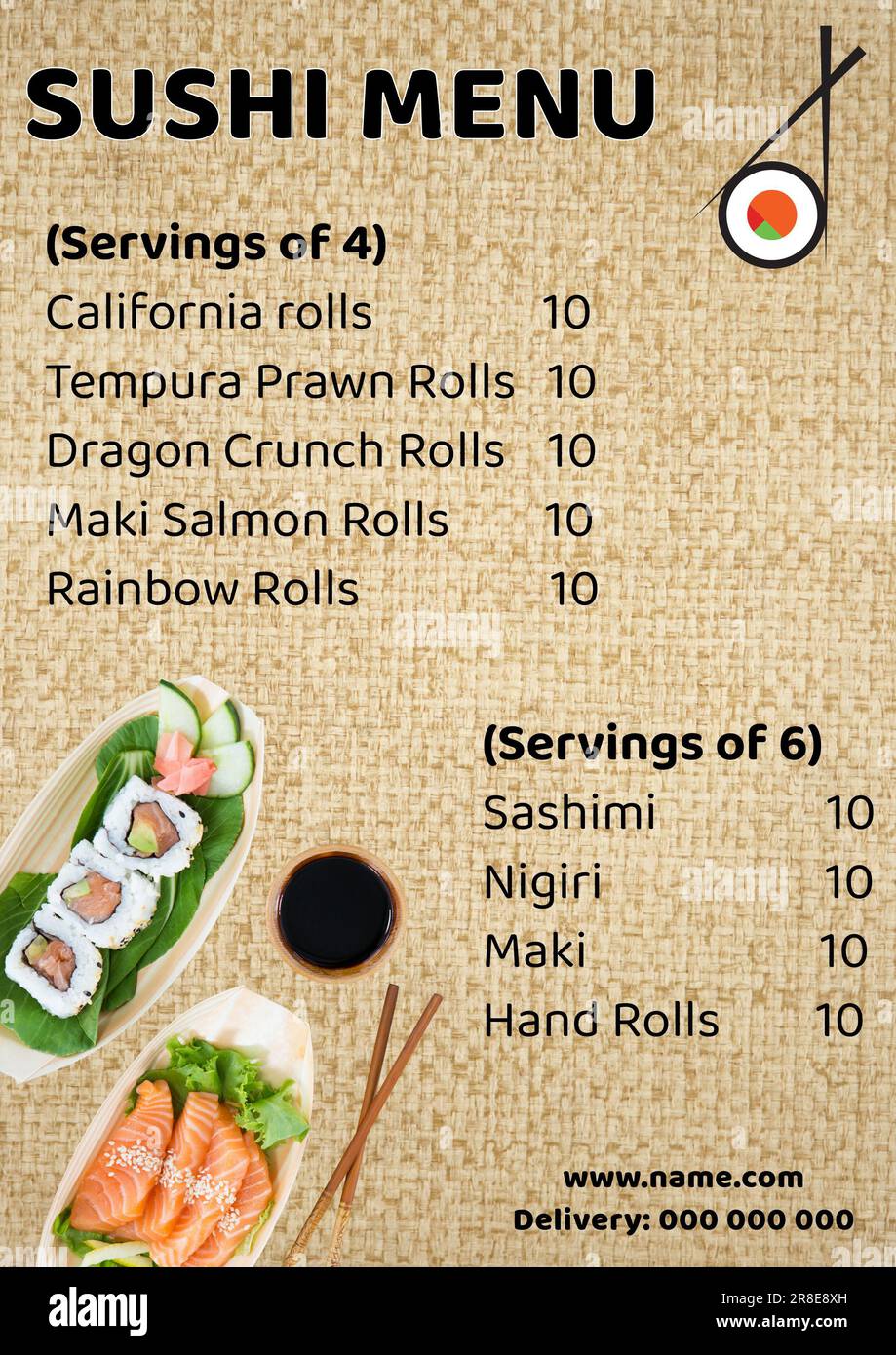 Darstellung des Sushi-Menüs mit Liste und Preisen, Name und Nummer der Website auf Kurzdarstellung Stockfoto