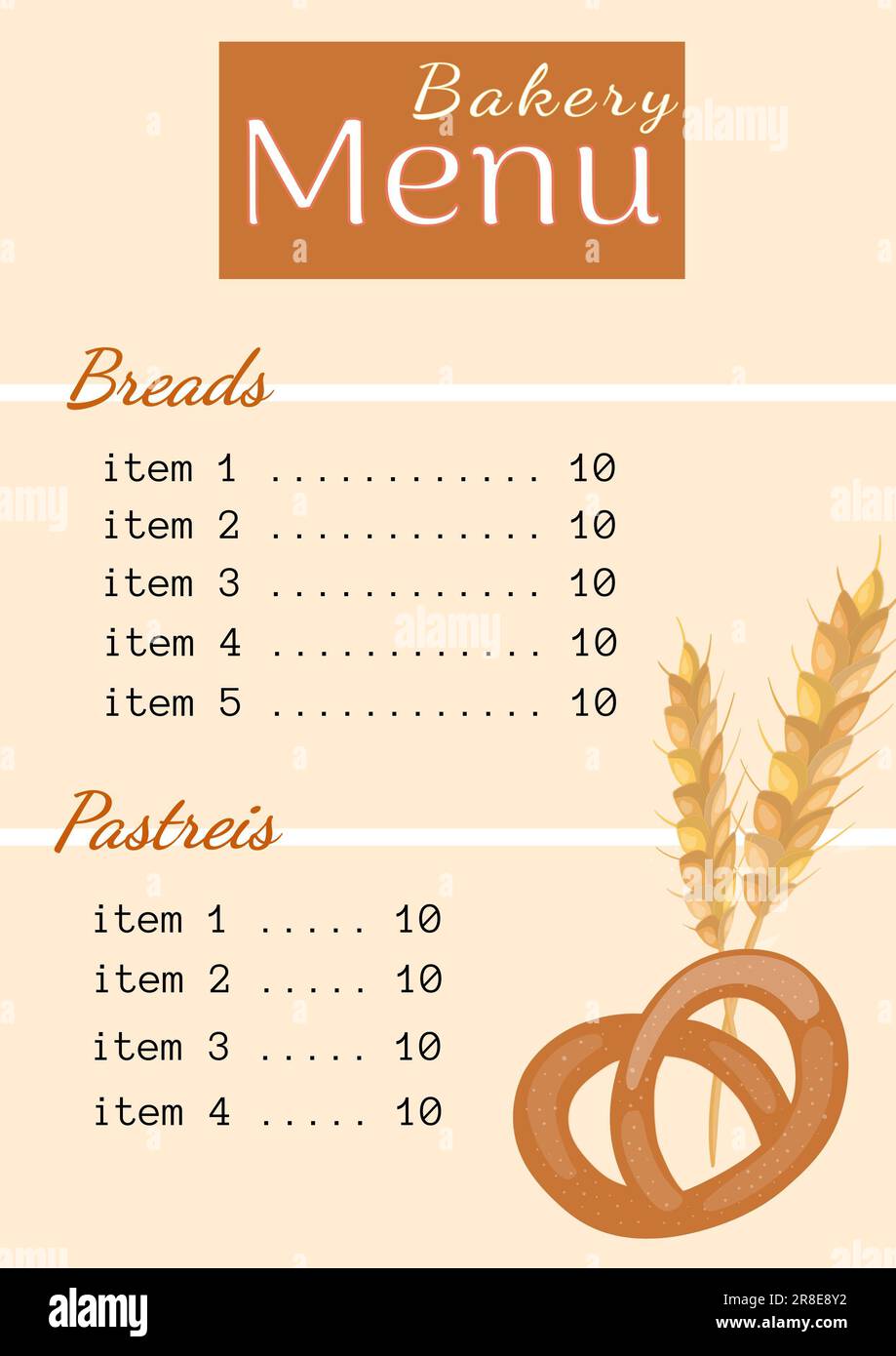 Darstellung des Backwarenmenüs mit Brot, Gebäck und Preisen, Brezel- und Weizenzeichnung Stockfoto
