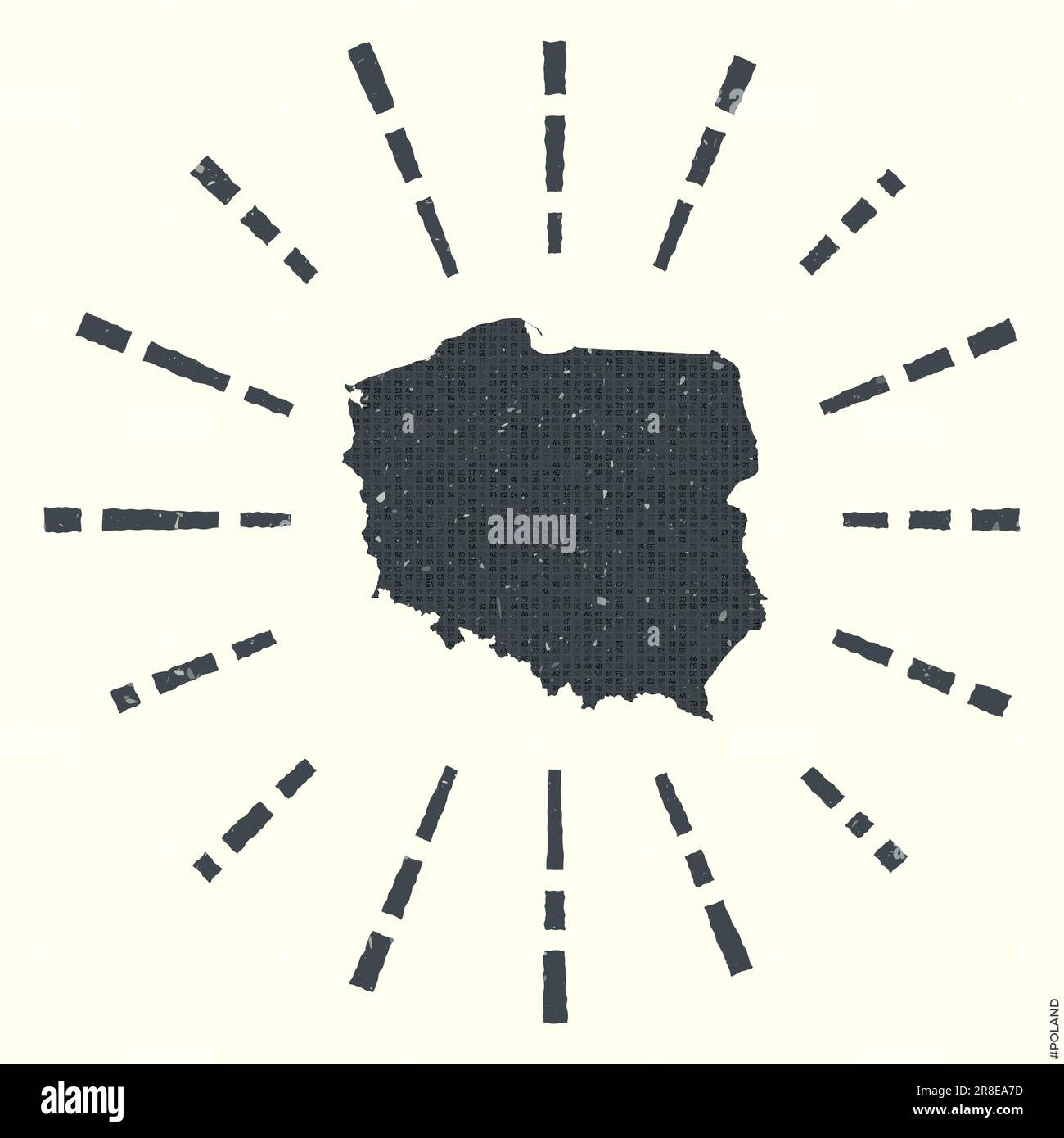Polen Logo. Grunge Sunburst Poster mit Landkarte. Die Form Polens ist gefüllt mit Hexziffern mit Sonnenstrahlen. Stock Vektor