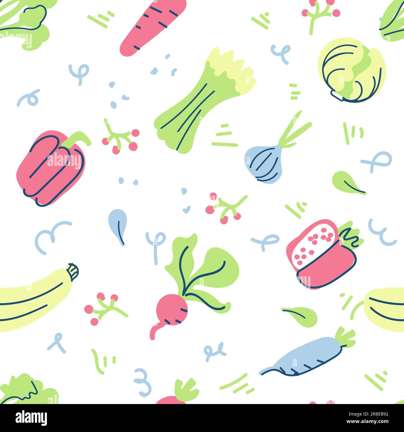 Nahtloser Vektorhintergrund mit verschiedenen Obst- und Gemüsesorten. Gut für Cafe-Menü Hintergrund, Restaurant, gesundes Speisenkonzept, Illustration der Saftbar. Vegetarische farbige Textur. Tolle Sommerfliesen. Stock Vektor