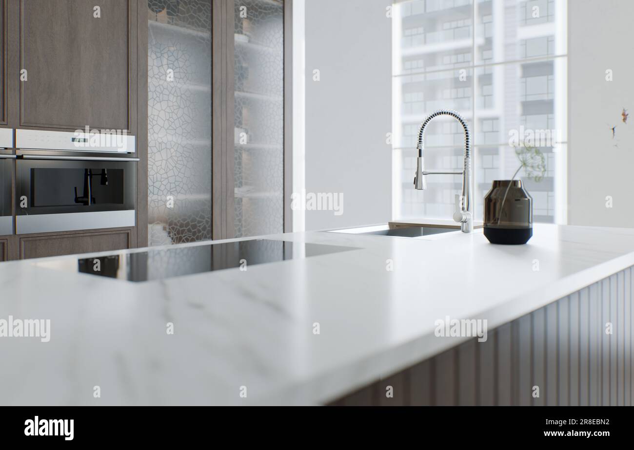 Minimalismus in der Küche. Holzküche mit großer langer Insel und Barhockern. Stockfoto