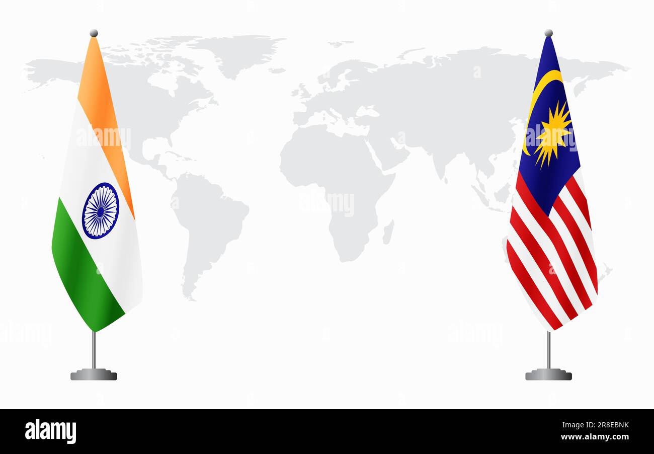 Flaggen Indiens und Malaysias für offizielles Treffen vor dem Hintergrund der Weltkarte. Stock Vektor