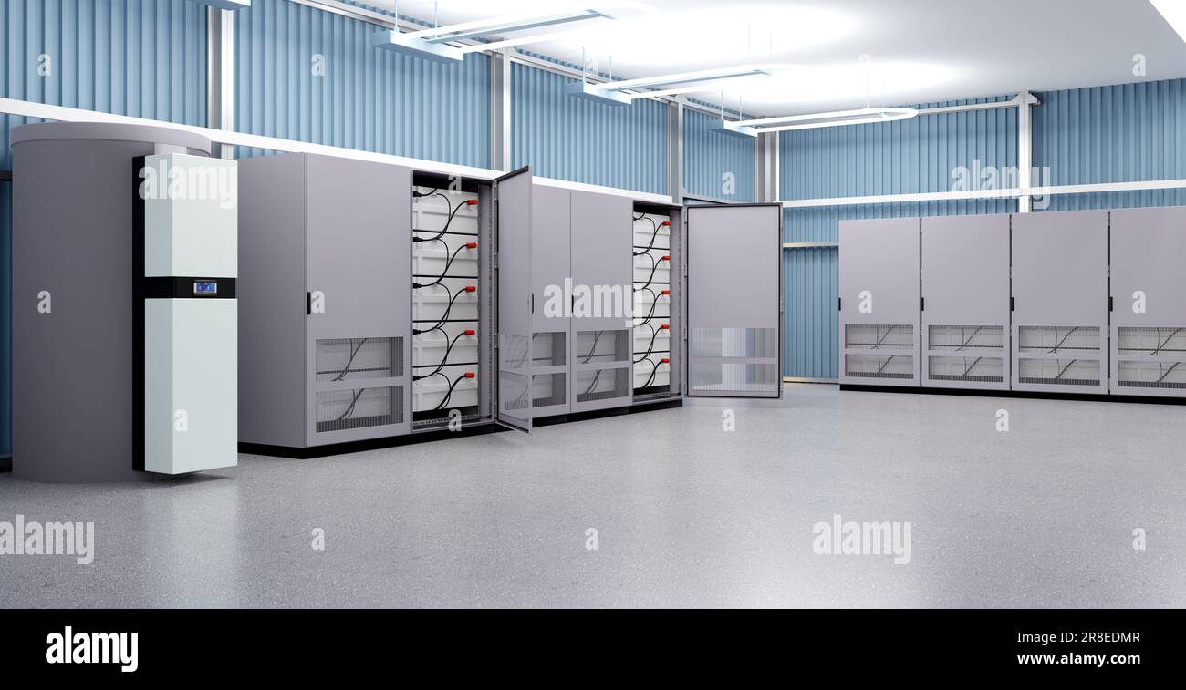 Ein moderner Batteriespeicher für kleine Unternehmen, Abbildung 3D Stockfoto
