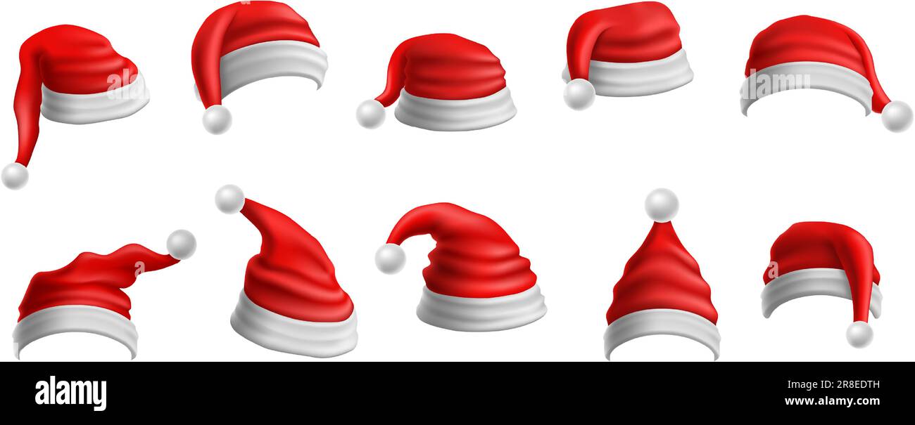 Realistischer Weihnachtsmann-Hut. Weihnachtlich rote Mütze, Weihnachtshüte mit weißer Krempe und Pampa. Traditionelle festliche Dekoration für Winterferien Vektor i Stock Vektor