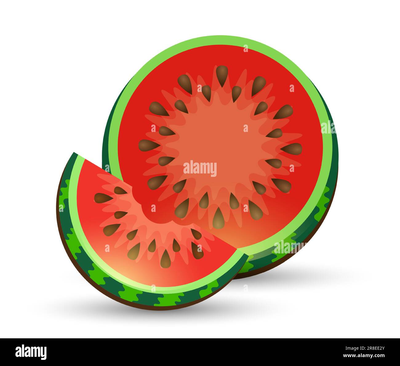 Wassermelone und saftige Wassermelonen-Schichtvektordarstellung im flachen Design, isoliert auf Weiß. Vektorlogo für das Wasser aus ganzen reifen roten Früchten Stock Vektor