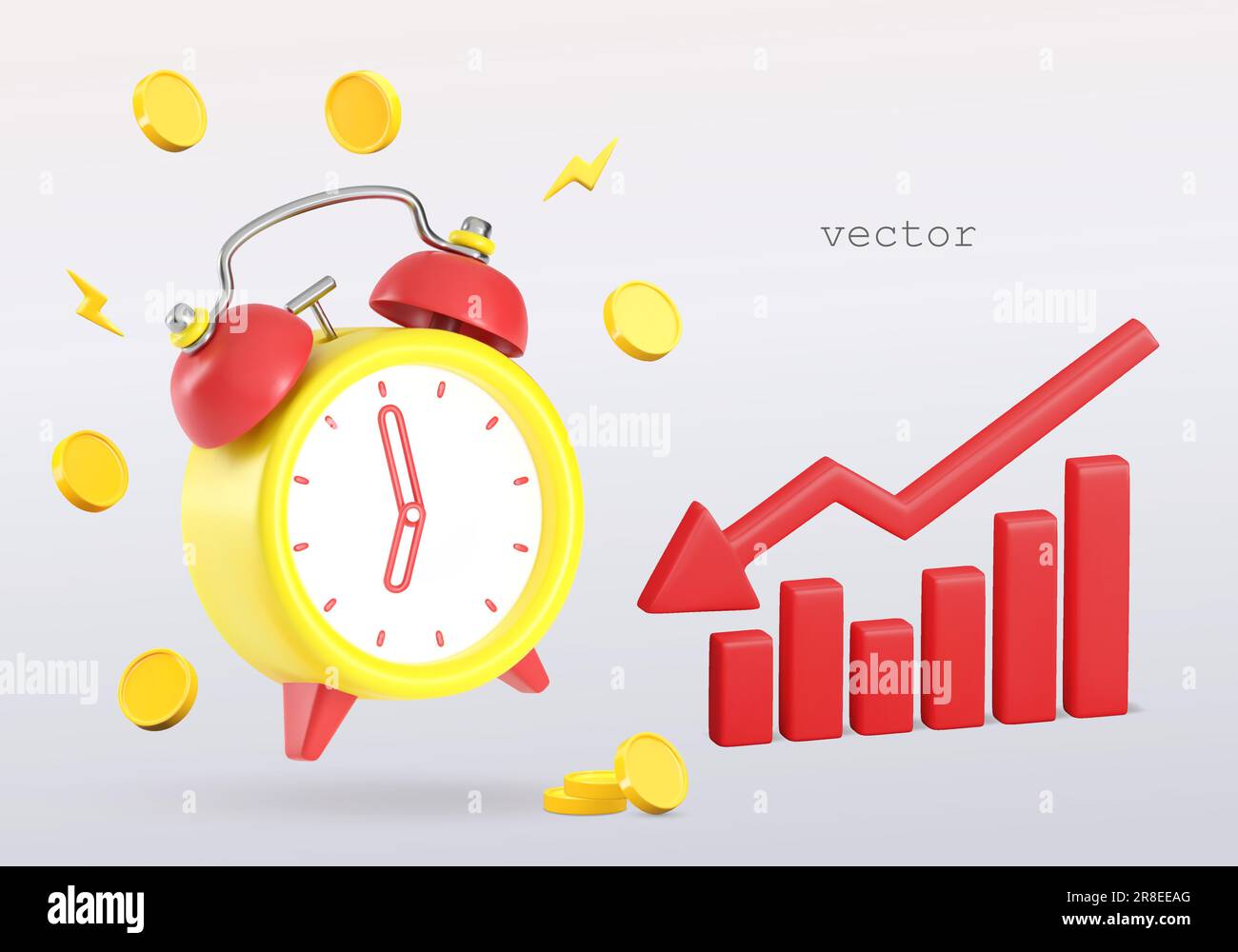 Roter Kartenpfeil Vector 3D, Alarmton und fliegende Münzen. Rotes Pfeilsymbol für fallende Aktien. Finanzkrise, Herabstufung, Inflationskonzept. 3D rende Stock Vektor
