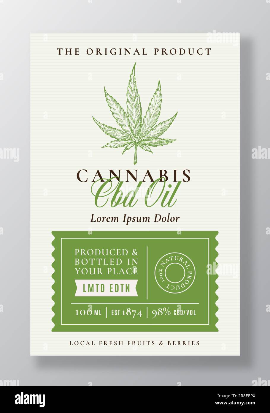 CBD – Vorlage für Verpackungsetiketten für Hanf Oil Vector. Moderne Typografie und handgezeichnete Cannabisfabrik mit Leaves Sketch Illustration Hintergrundlayout Stock Vektor