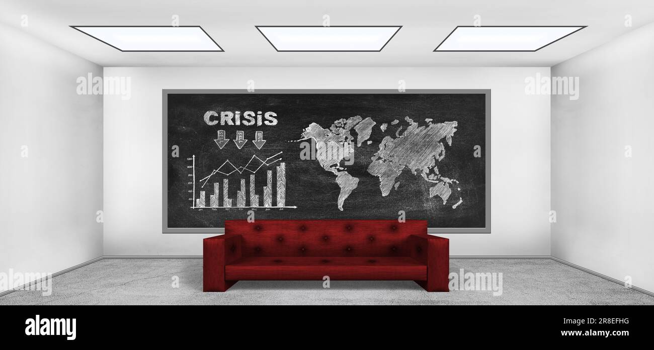Zeichnen Sie das Krisenkonzept auf die Tafel im Zimmer mit rotem Sofa Stockfoto