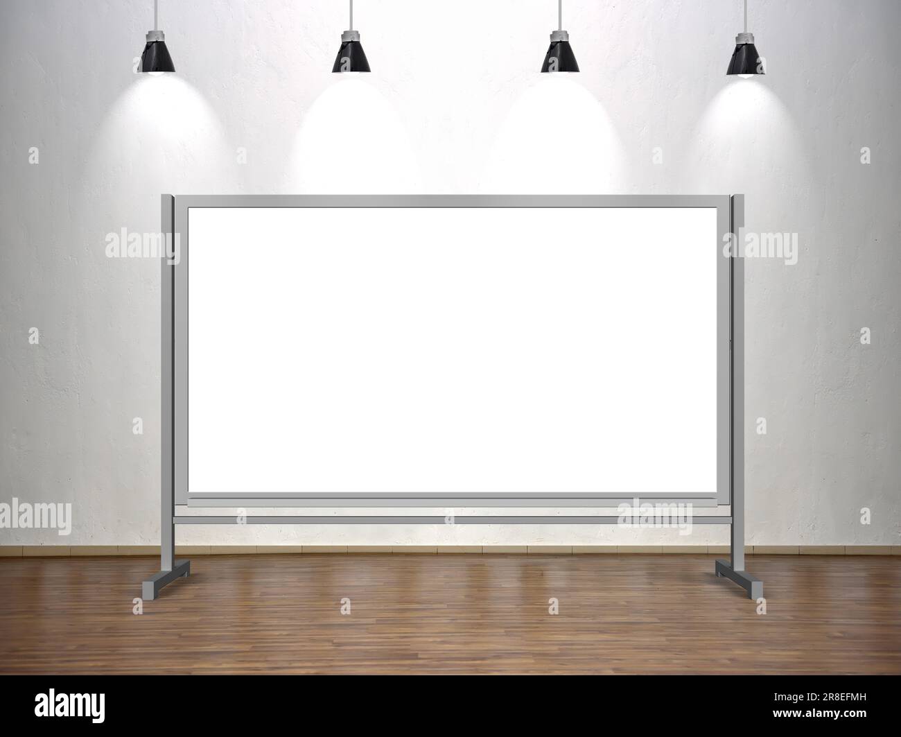 Leeres Whiteboard im Klassenzimmer mit vier Lampen Stockfoto