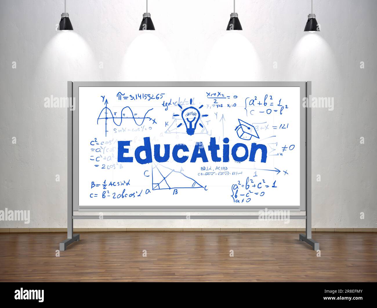 Zeichnen von Schulungskonzepten auf einem Whiteboard im Klassenzimmer mit vier Lampen Stockfoto