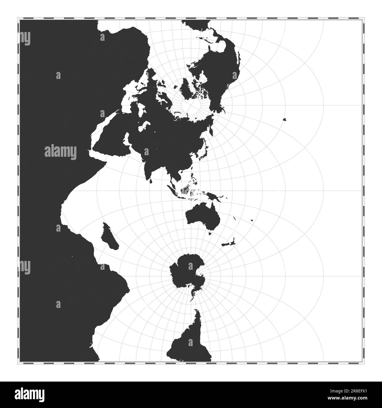 Vector-Weltkarte. Transversale sphärische Mercatorprojektion. Geografische Karte mit Breiten- und Längengraden. Zentriert auf 120deg W Longi Stock Vektor