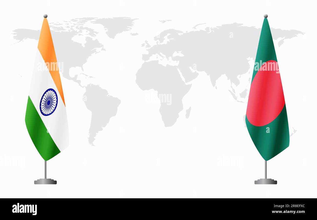 Flaggen Indiens und Bangladeschs für offizielles Treffen vor dem Hintergrund der Weltkarte. Stock Vektor