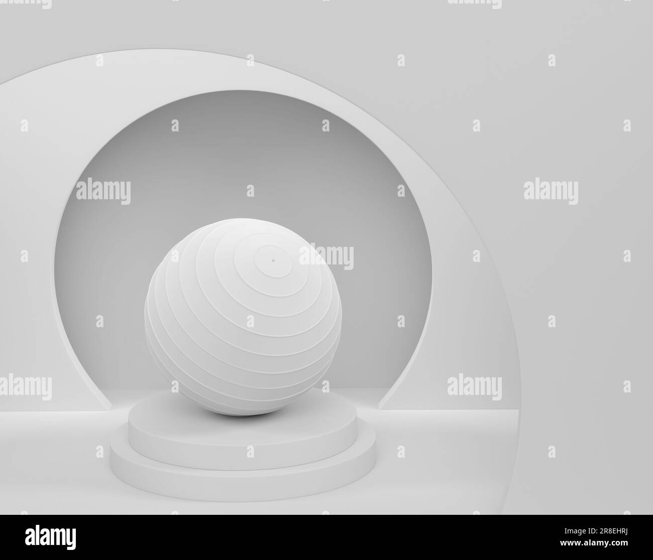 Fitnessball oder Fitnessball auf Zylinderpodium mit Stufen auf einfarbigem Hintergrund. 3D-Rendering von Displayprodukten wie Sportzubehör für Teamspiele Stockfoto