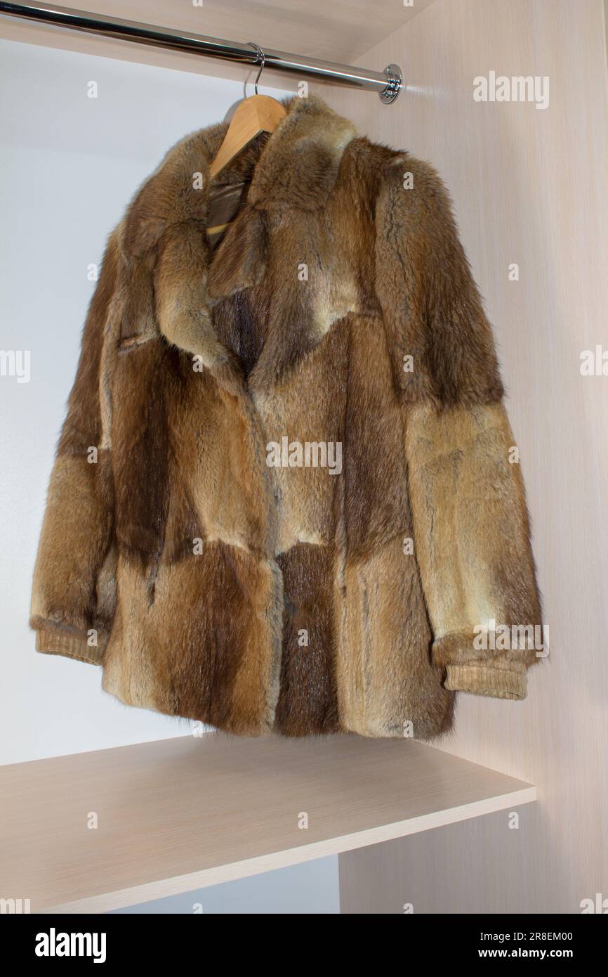Pelzkleidung, hängt im Kleiderschrank für den Winter an den Kleiderbügel Stockfoto