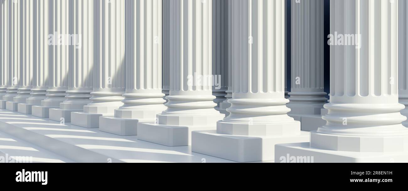 Zweireihige Säule aus weißem Marmor und Stufe in Reihe. Einen Teil der Säulenkolonnade mit Treppe hinunter, einen Säulenschatten auf der Treppe, ein Banner. 3D-Rendern Stockfoto
