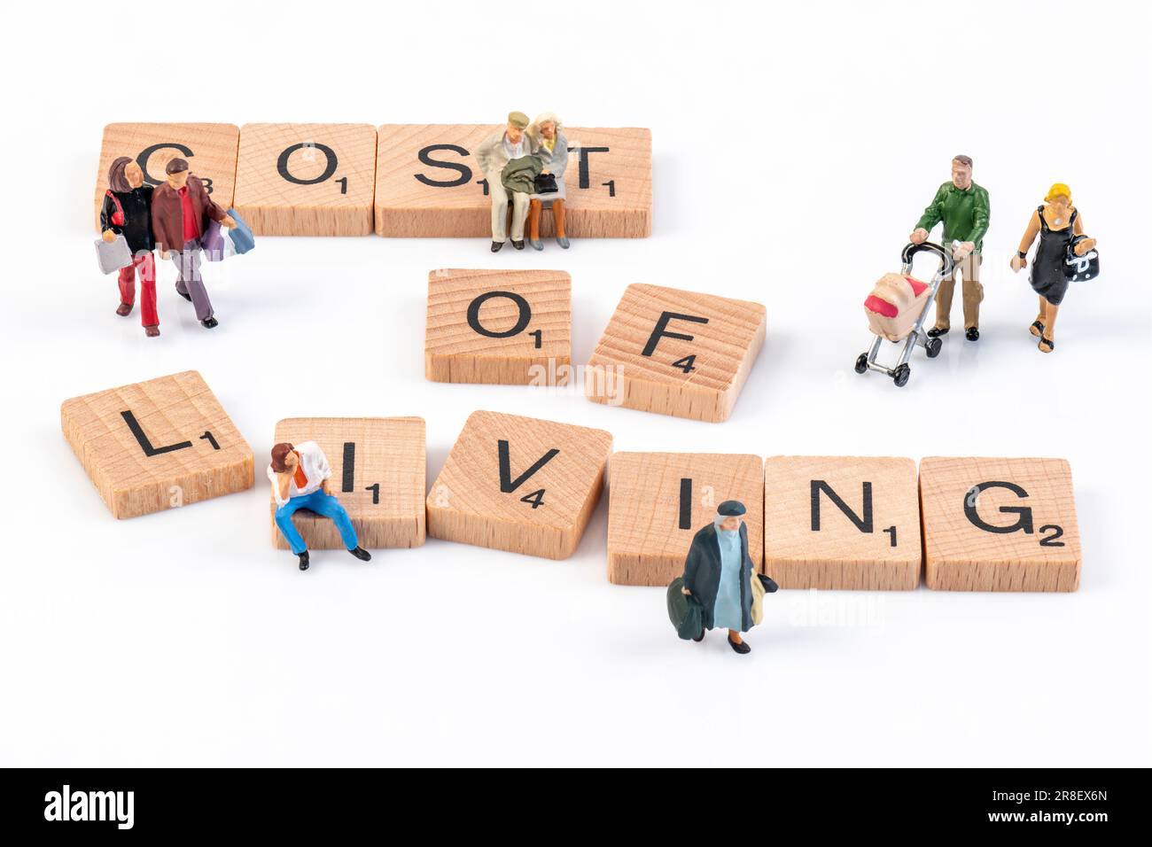 Lebenshaltungskosten - Scrabble-Buchstaben aus Holz, die "Lebenshaltungskosten" buchstabieren, umgeben von kleinen Figuren, die verschiedene Altersgruppen darstellen. Stockfoto