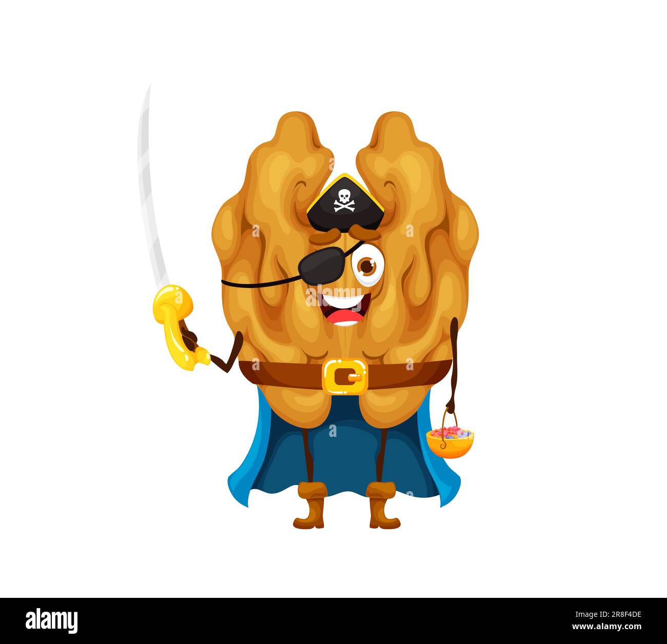 Cartoon-Halloween-Piraten-Walnuss-Figur. Isolierte Vektormutter mit Buccaneer-Kostüm, Augenklappe, Mantel und Tricornhut mit einem Messer in der Hand. Amüsanter corsair, Fantasy-Märchen-Captain-Filibuster Stock Vektor